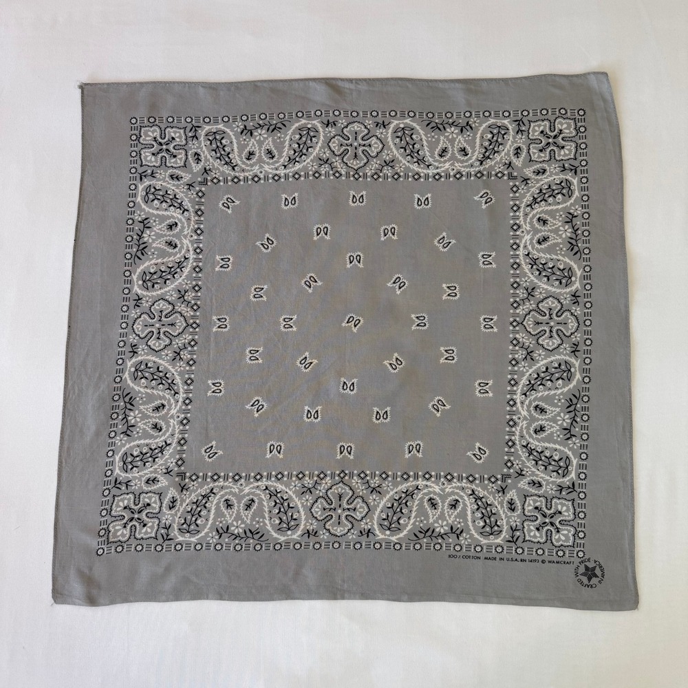 Vintage Wamcraft Grey Bandana 1980s Paisley 100% Cotton Made in USA RN 14193
